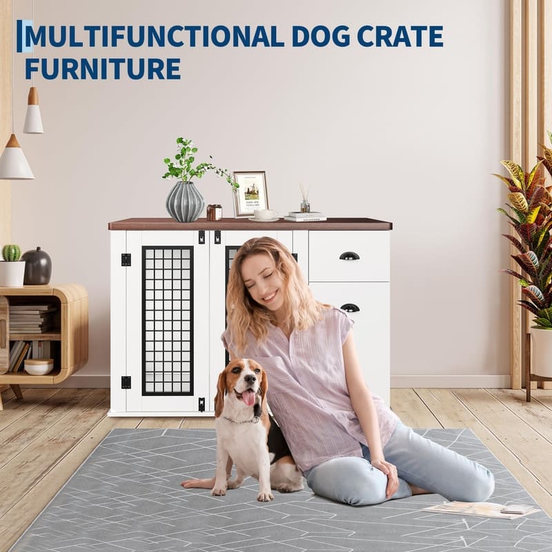 44" Heavy Duty Dog Kennel Crate Furniture with Drawer Cabinet Wooden Indoor Pet Cage Side End Table