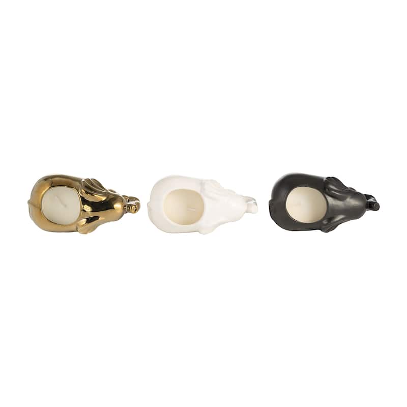 Set of Three 5"H 7" Diameter Gold, Ivory, and Black Colored Ceramic Elephant Soy Candle 9oz Pumeria-scented for Indoor