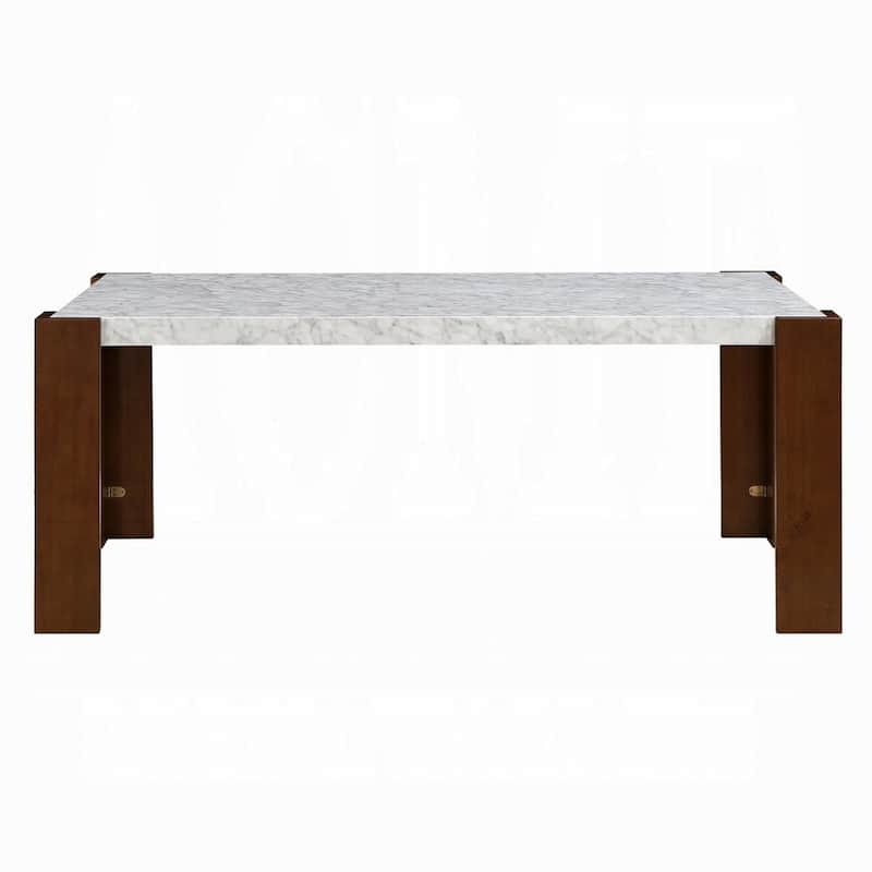 Dining Table, 72 Inch White Rectangular Faux Marble Top, Brown Wood