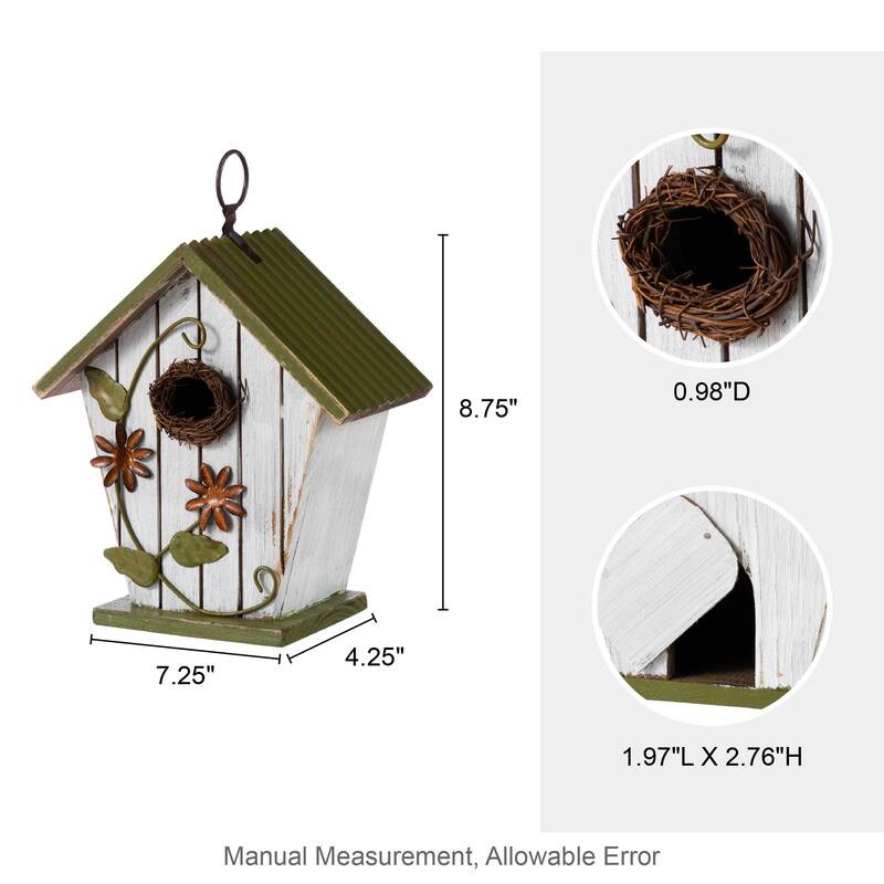 Glitzhome 8.75"H Distressed Solid Wood Decorative Outdoor Garden Birdhouse with 3D Flower