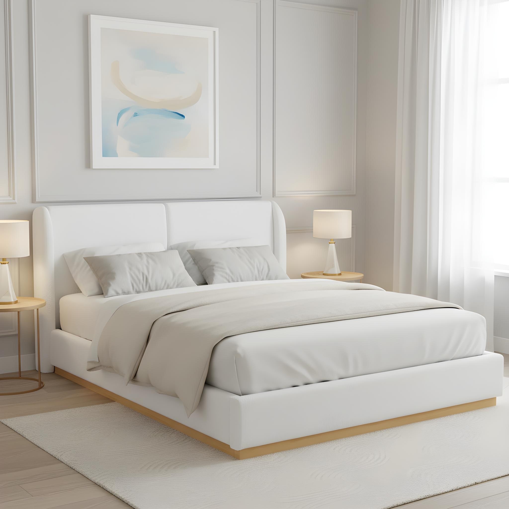 Queen/King Size Modern White Bouclé Bed with Winged Headboard & Wood Base