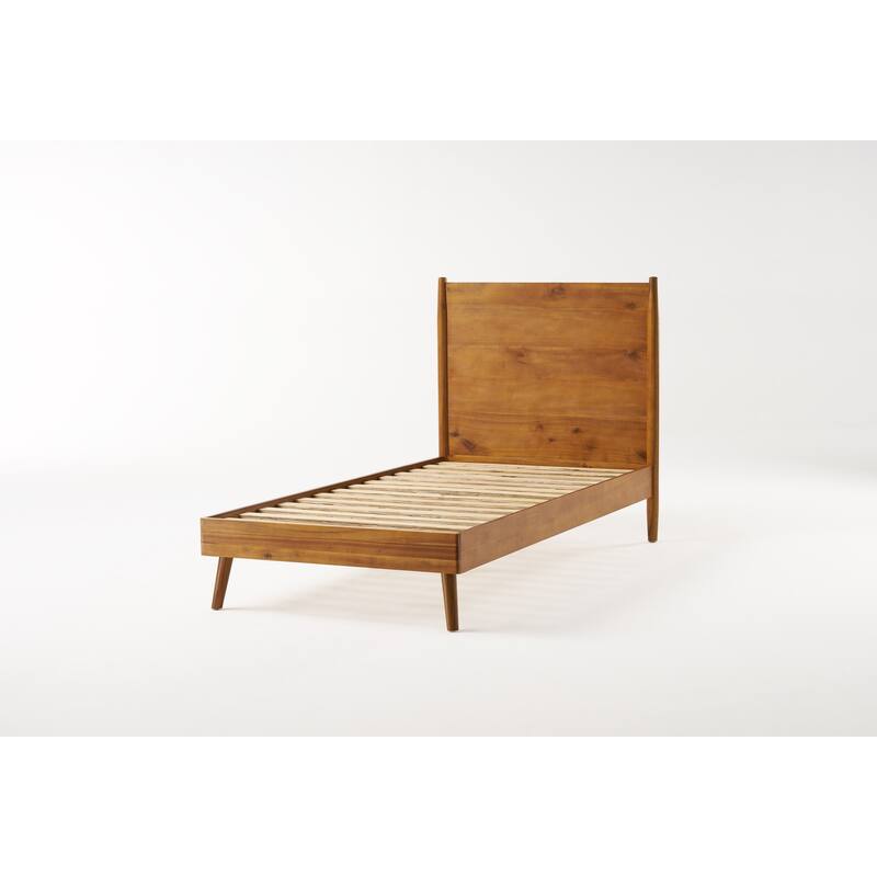 Twin XL Size Natural Acacia Wood Platform Bed with Mid-Century Modern Design and 600lb Capacity - Natural