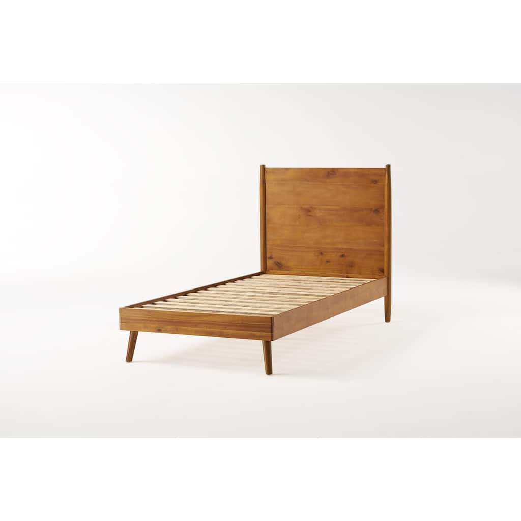 Twin XL Size Natural Acacia Wood Platform Bed with Mid-Century Modern Design and 600lb Capacity