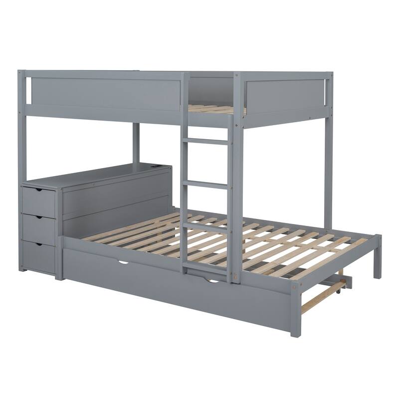 Full-Over-Full Bunk Bed with Twin Trundle, Storage, Desk, and USB Ports, Gray
