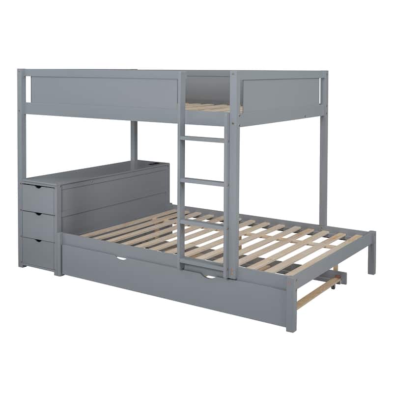 Full-Over-Full Bunk Bed with Twin size Trundle, Storage and Desk, Gray