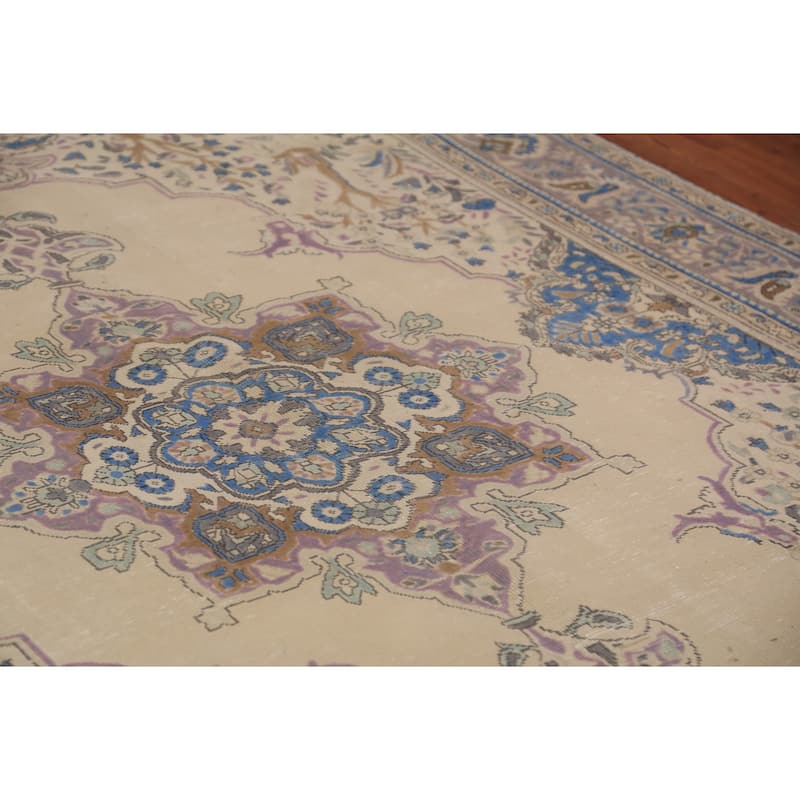 Geometric Tabriz Persian Area Rug Handmade Beige Wool Carpet - 7'8"x 11'3"