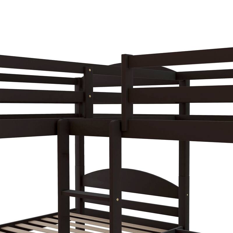 L-shaped Bunk Bed with Trundle for 5, Twin Over Twin Wooden Bed with Safety Guardrails, Space-Saving Design for Kids and Guests