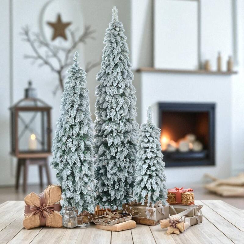 3-Piece Pre-Lit Pencil Christmas Tree Set 8FT 6FT 4FT, Snow Flocked Slim Trees with 520 LED Lights and 11 Modes, 1455 Tips