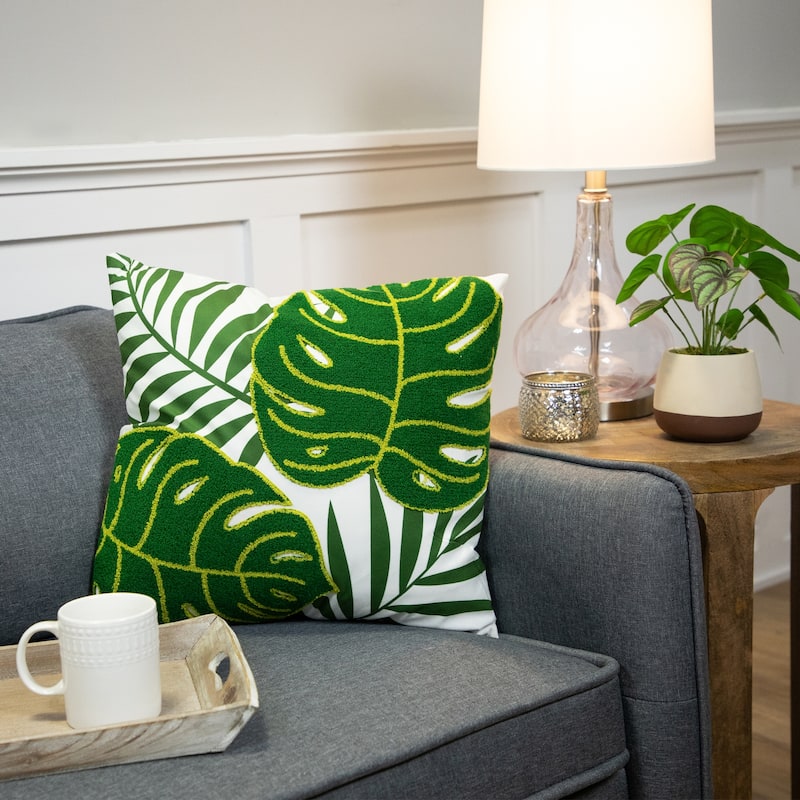 Tropical Palm Tree Leaves Throw Pillow - 16" - Green and White