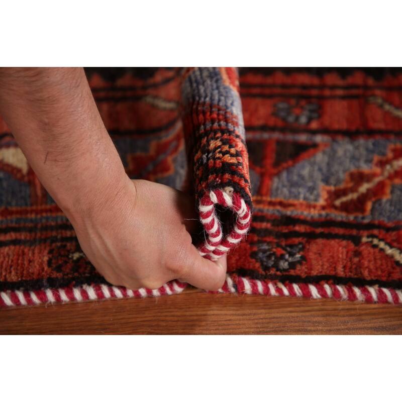 Geometric Hamedan Persian Vintage Runner Rug Hand-Knotted Wool Carpet - 3'5"x 9'9"