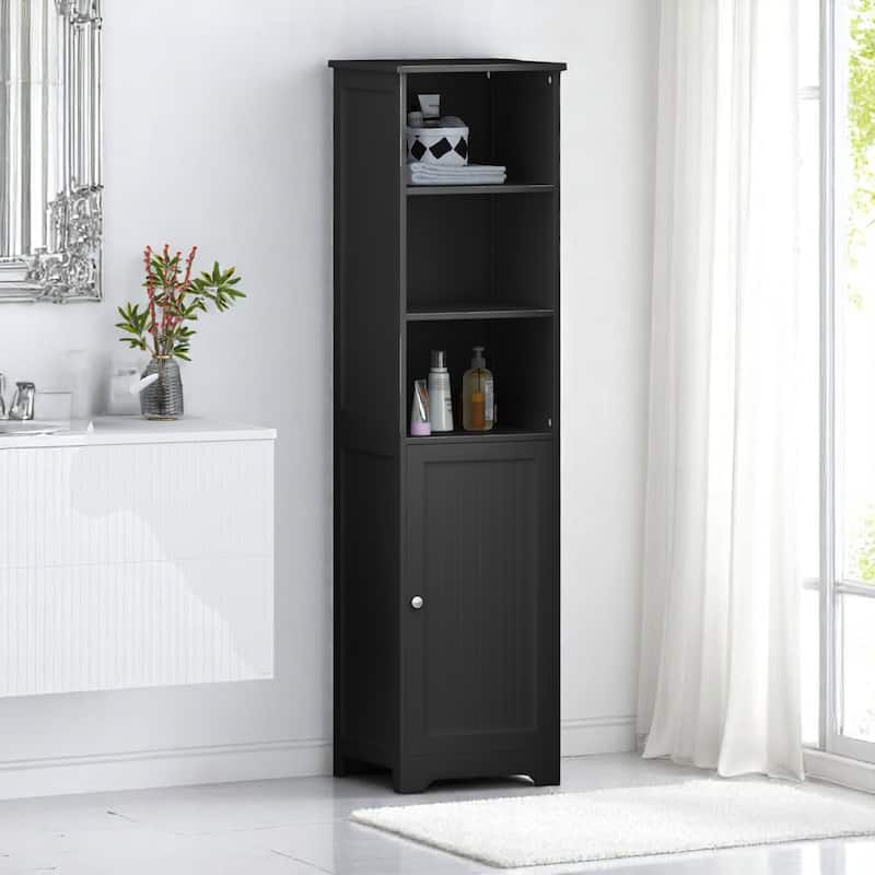63'' Modern Bathroom Linen Cabinet with Doors and Open Shelves, MDF Freestanding Storage Unit - Black