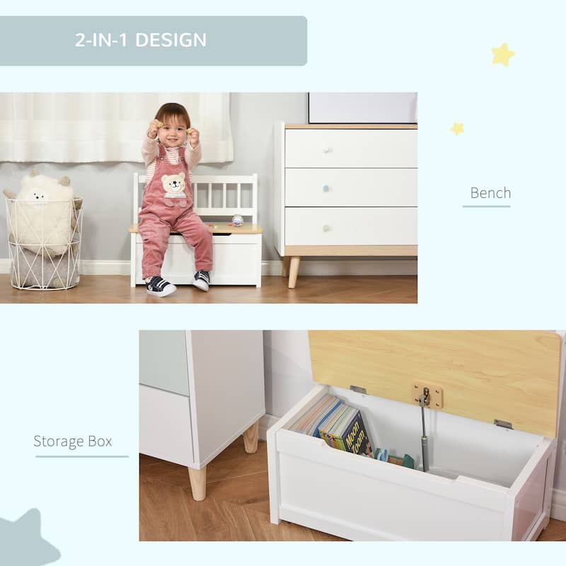 Qaba 2-IN-1 Wooden Toy Box Kids Seat Bench Storage Chest Cabinet Chunk Cube with Safety Pneumatic Rod