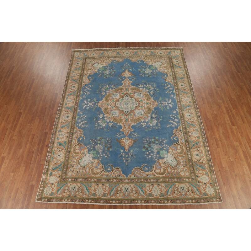 Blue Tabriz Persian Vintage Rug Hand-Knotted Wool Carpet - 9'6"x 12'9"