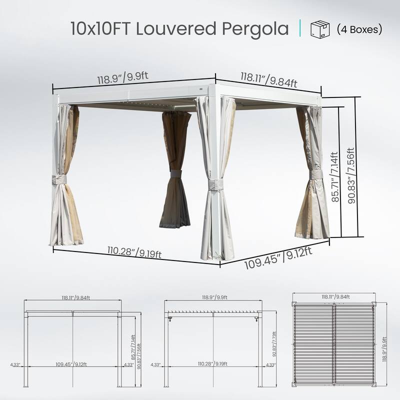 10x10 FT Outdoor Louvered Pergola with Adjustable Louvers, Aluminum Construction, Integrated Gutter System