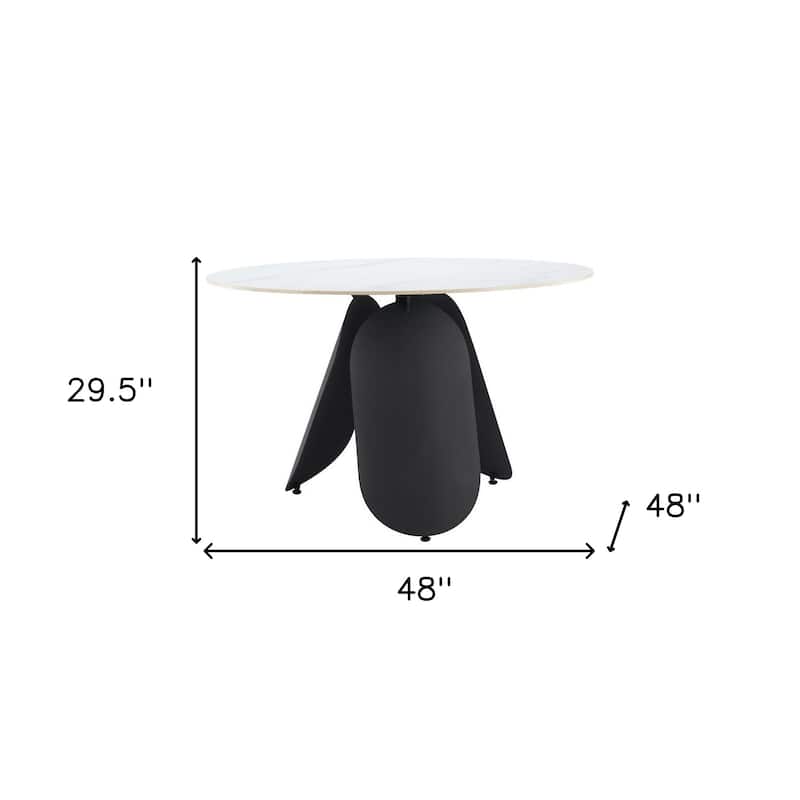 HomeRoots 48" White and Black Faux Marble and Steel Pedestal Base Round Top Dining Table - 48.00 in. x 29.50 in. x 48.00 in.