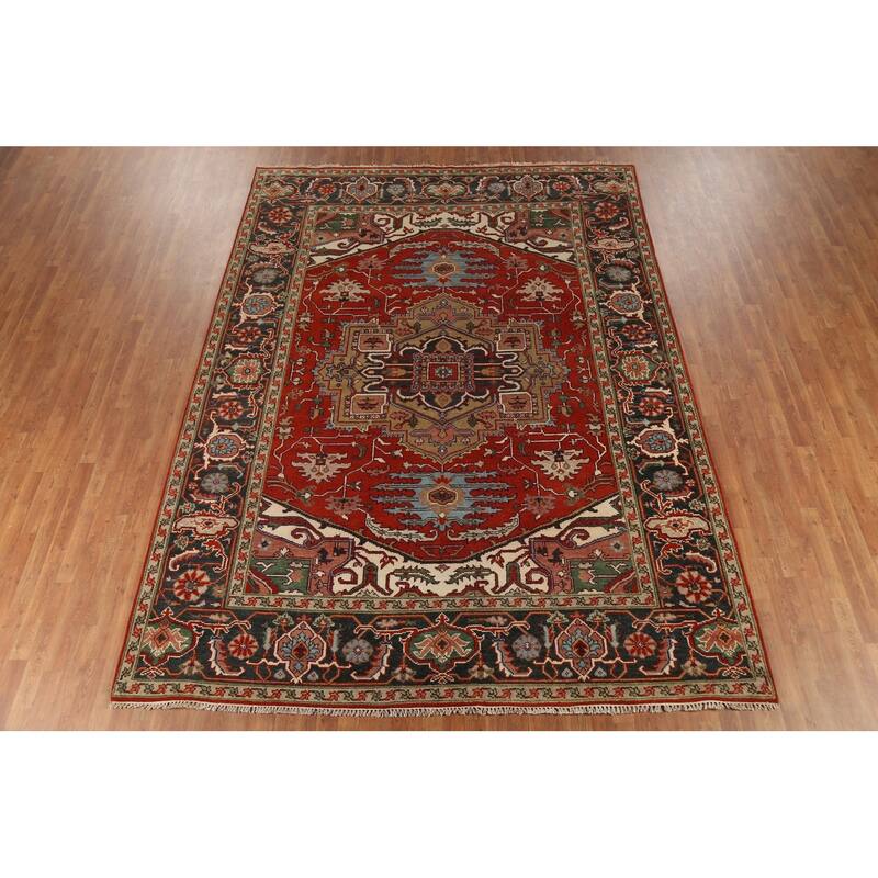 Geometric Heriz Serapi Indian Area Rug Hand-Knotted Wool Carpet - 8'9"x 11'11"