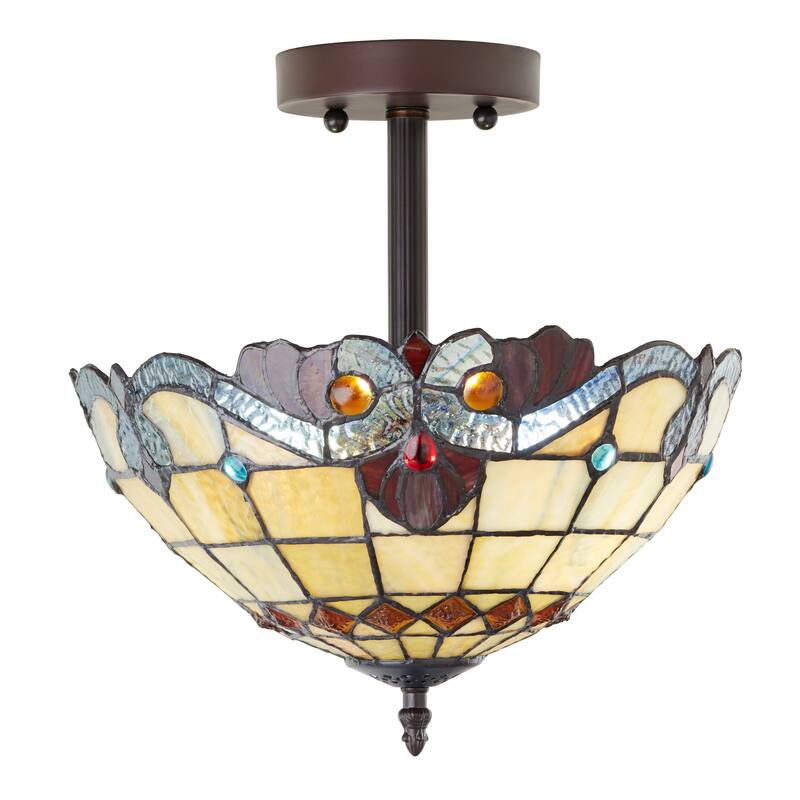 Mila River of Goods Red/Amber/Blue Stained Glass Bowl Shade 13-Inch Ceiling Light - 12.5" x 12.5" x 13" - 12.5" x 12.5" x 13" - Red/Amber/Blue