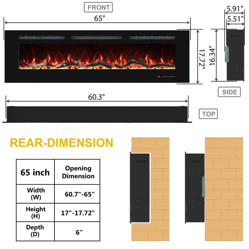 Electric Fireplace Inserts, Wall Mounted with 13 Flame Colors, Thermostat in Black