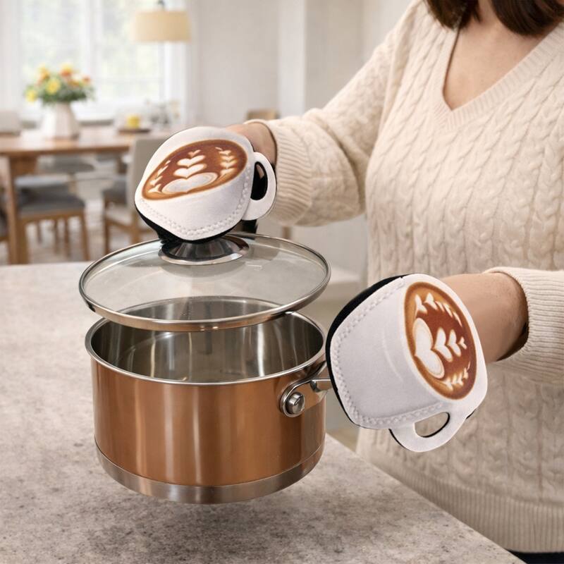 Creative Home Set of 2 Coffee Mug Design Neoprene Heat-Resistant Oven Mitts, Grabbers - 6.3" x 4.7" x 0.3"