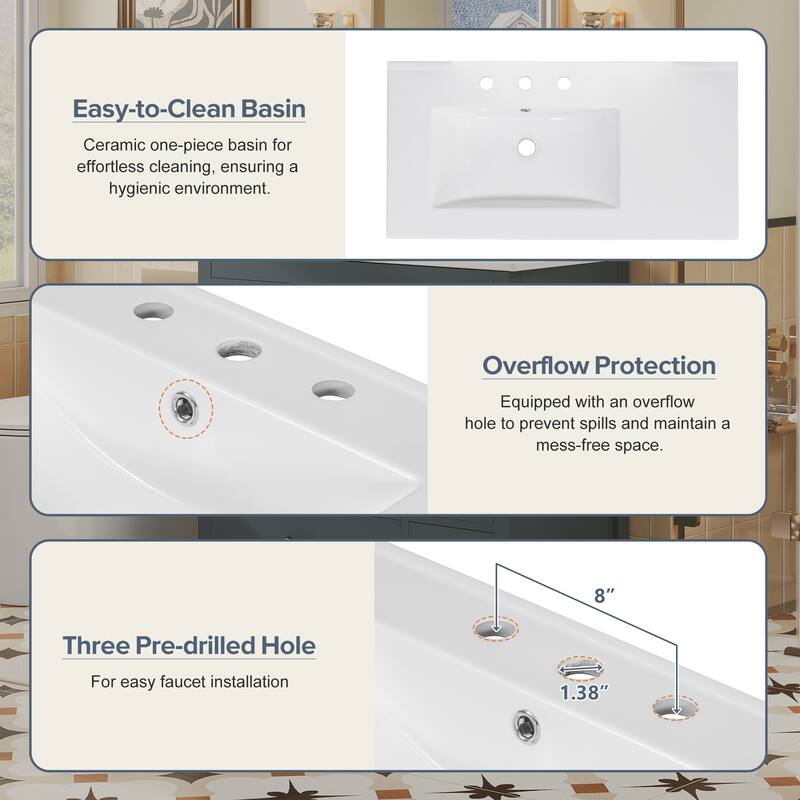 Roomfitters 36" Bathroom Vanity with Ceramic Sink Combo, Abundant Storage Cabinet with 2 Soft Close Doors and 5 Drawers