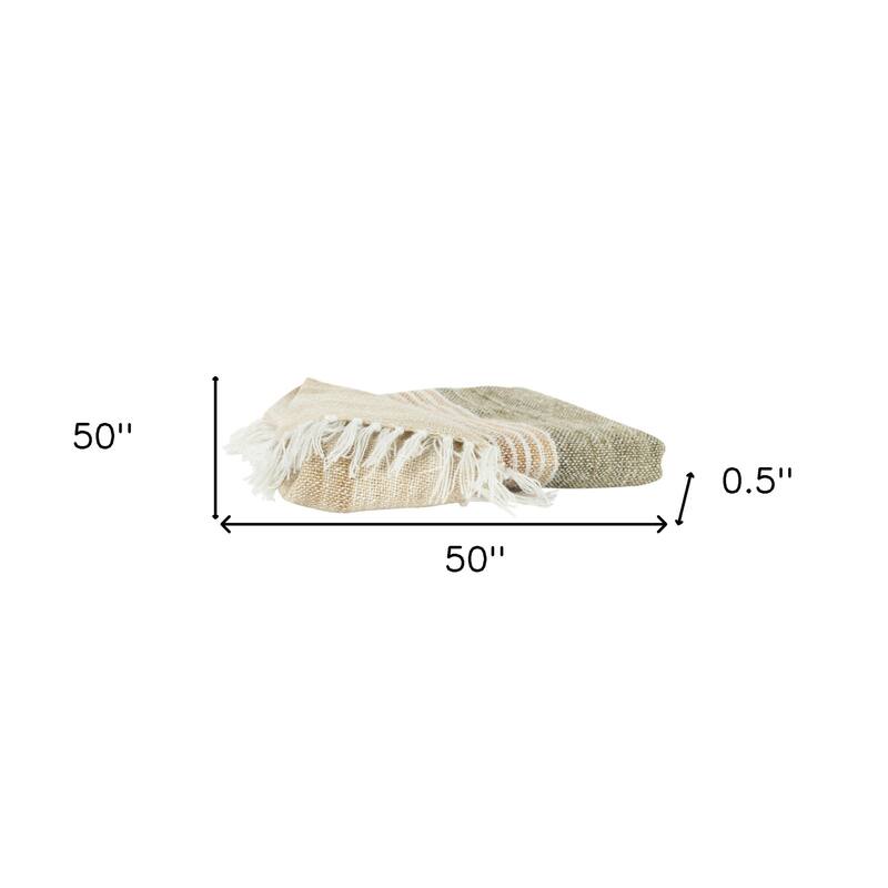 HomeRoots 50" X 60" Beige Brown And Ivory Recycled Poly PET Striped Throw Blanket with Tassels