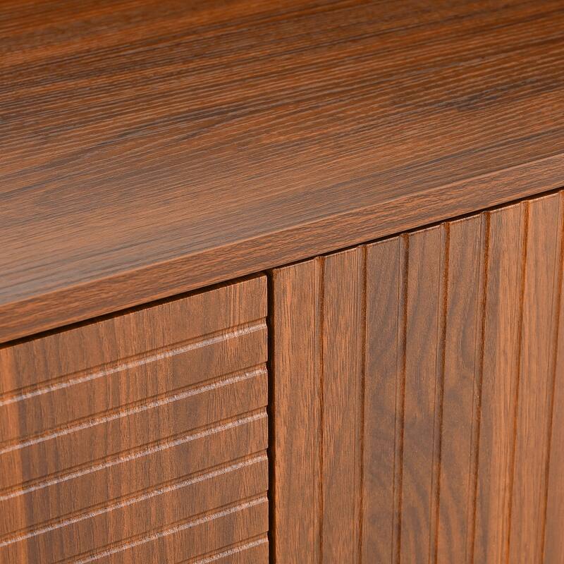 Mid-Century Modern Walnut Sideboard Buffet Cabinet, Geometric Carved Storage Cabinet with Metal Legs