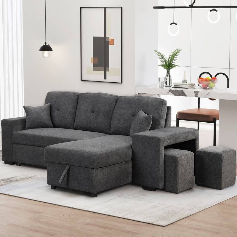95" Pull-Out Sleeper Sofa w/ Side Shelf & 2 Stools, Storage Chaise