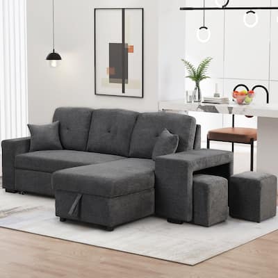Reversible Pull-Out Sofa Bed with Side Shelf, 2 Stools and Storage Chaise