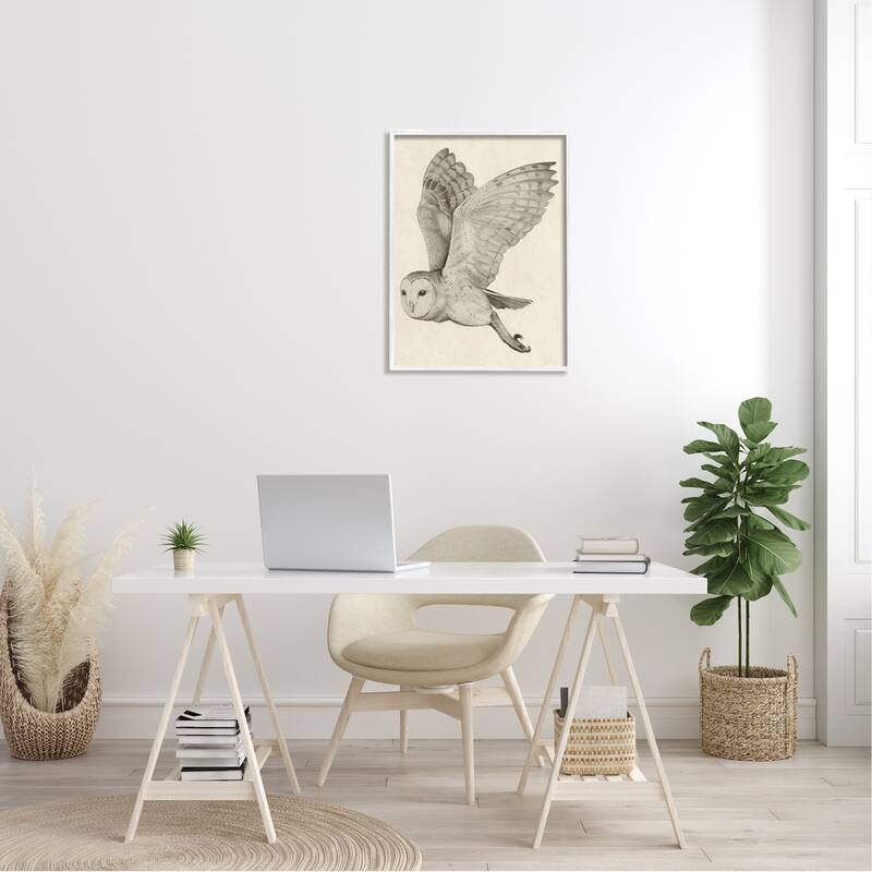 Stupell Flying Barn Owl Wings Detailed Monochrome Drawing Framed Wall