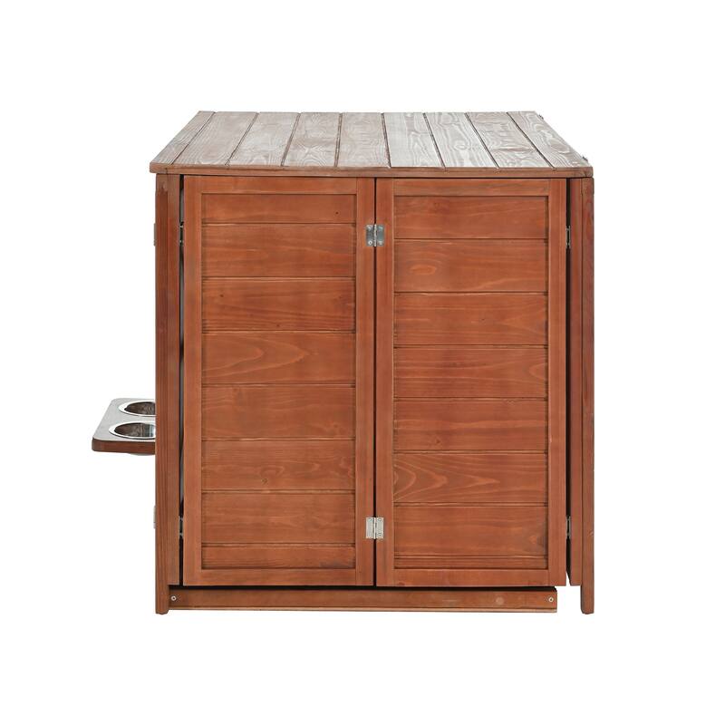 43" Solid Wood Dog Crate Furniture, Foldable Indoor Kennel with 360° Rotating Feeder Multi-Functional End Table
