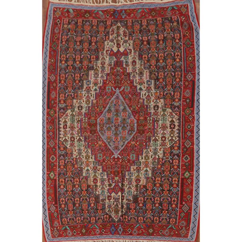 Geometric Kilim Senneh Persian Vintage Area Rug Flatweave Wool Carpet - 5'6" x 8'2"