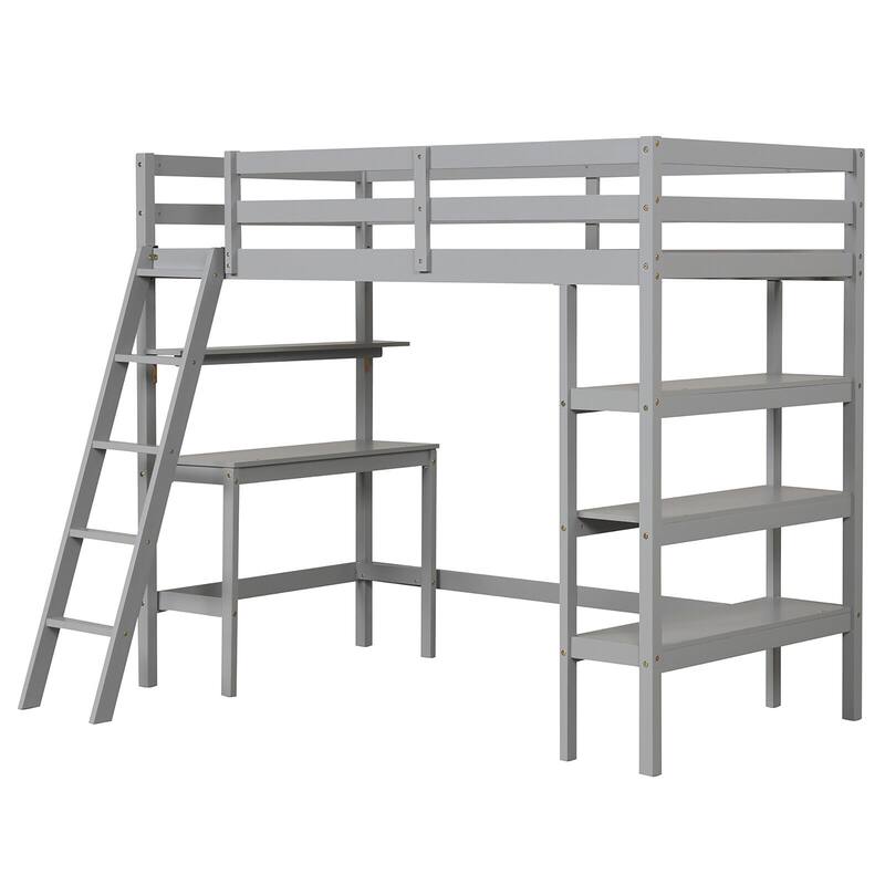 Gymax Twin Size Solid Wood Loft Bed w/ Desk & Bookshelves Ladder &