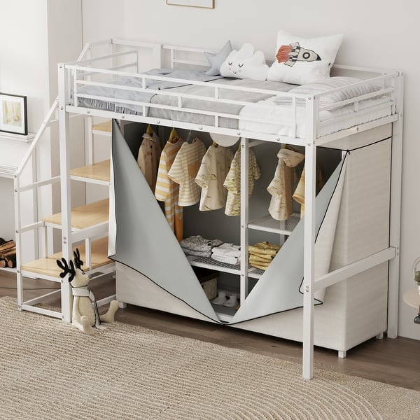 slide 2 of 12, Full/Twin Size Metal Loft Bed with Wardrobe and Storage Shelves for Kids Twin