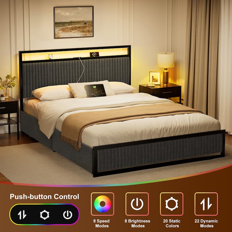Hausource Queen Size Upholstered Bed Frame with LED Headboard, 2 Drawers, Charging Station, Beige