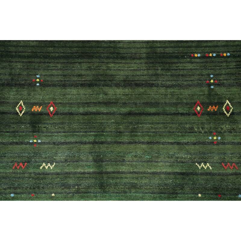 Hand Knotted Oriental Viscose Silk Carpet Tribal Animal Pictorial Green Gabbeh Runner Rug - 7' 5'' X 2' 10''