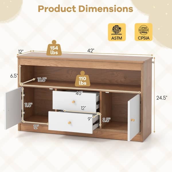 dimension image slide 2 of 3, Kids Toy Storage Organizer with Open Shelf and 2 Drawers for Playroom - 42" x 12" x 24.5"