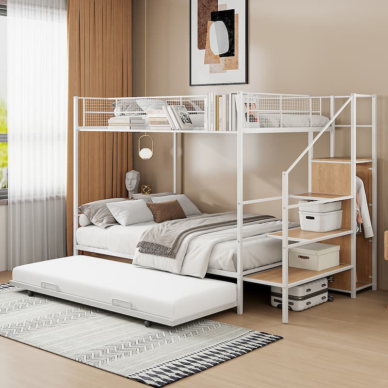 White Twin over Full Metal Bunk Bed with Trundle and Storage Ladder