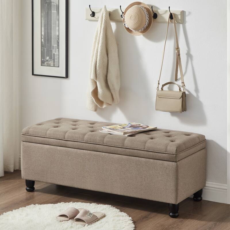 Bedroom End of Bed Bench with Spindle Wood Legs, Upholstered Decorative Stool Elegant Storage Bench with Flipping Lid