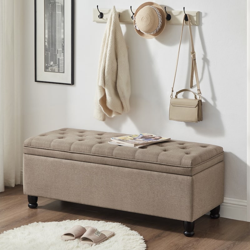 Elegant Linen Fabric Bed Bench, Tufted Button Seat with Spindle Legs - Linen Color