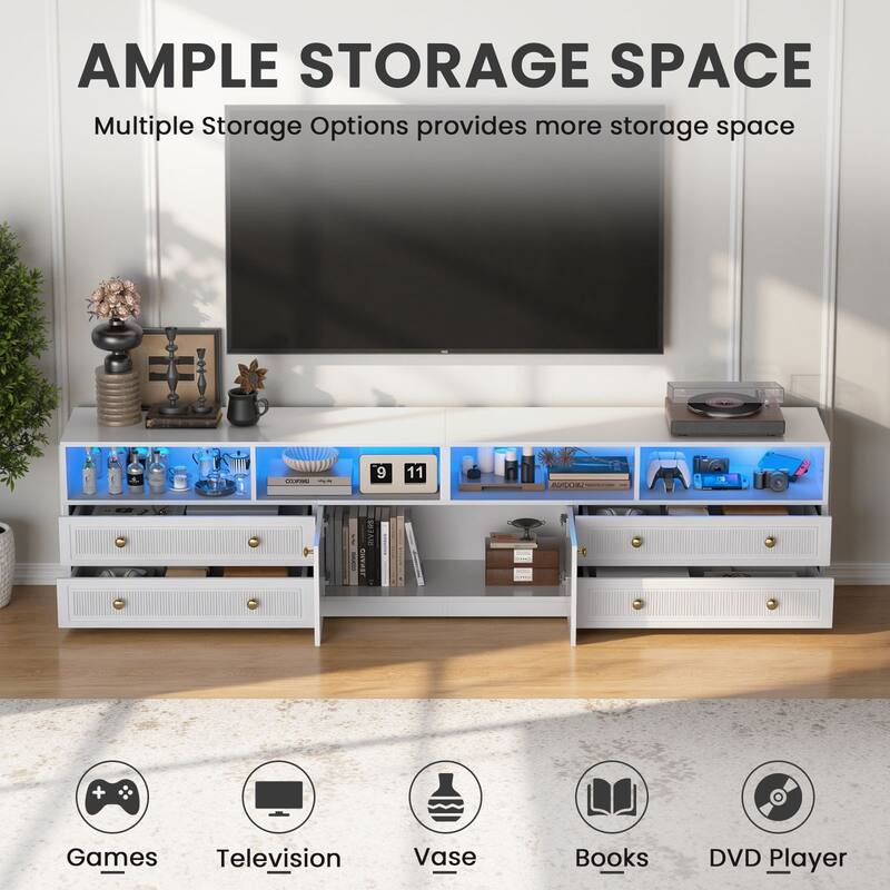 Meyreso 86.6" Modern LED Lighted TV Stand with 4 Open Shelves and Storage Cabinets