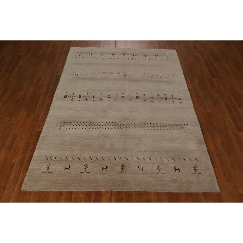 Tribal Gabbeh Area Rug Hand-Knotted Beige Oriental Wool Carpet - 5'7" x 7'10"