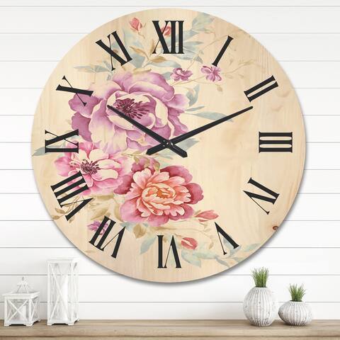 Designart 'Bouquet Of Pink and Purple Flowers III' Farmhouse Wood Wall Clock