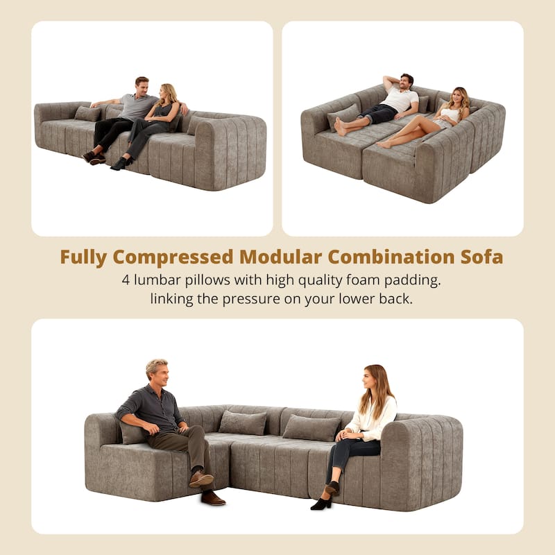 Christopher Knight Home - Modular Polyester Upholstered Sectional Sofa with 4-Piece Compressed Sponge - 145.5"