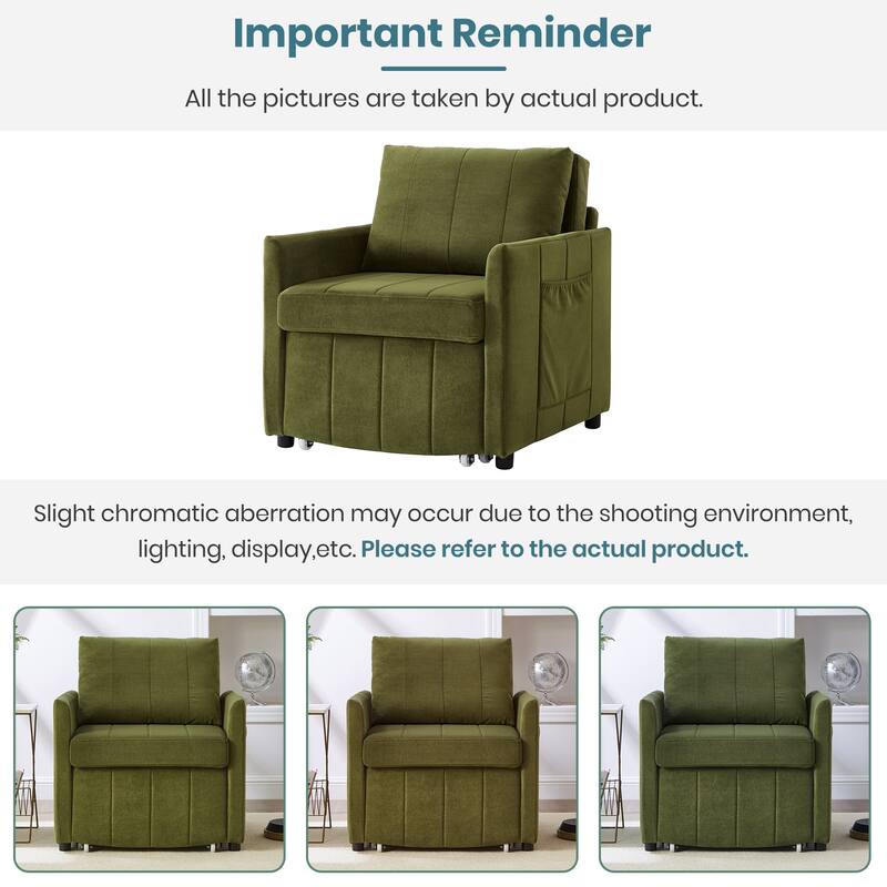 Anmytek Green Convertible Sleeper Sofa 31.5 Inch Pull Out Sofa Bed with 5-Position Adjustable Backrest Side Pockets