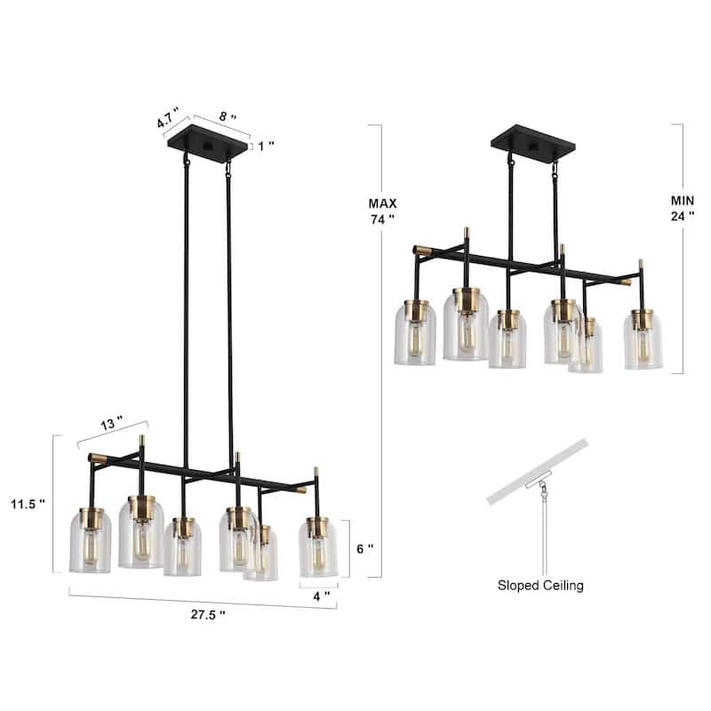 Modern Farmhouse 6-Light Black Gold Chandelier Linear Glass Island Lights for Dining Room