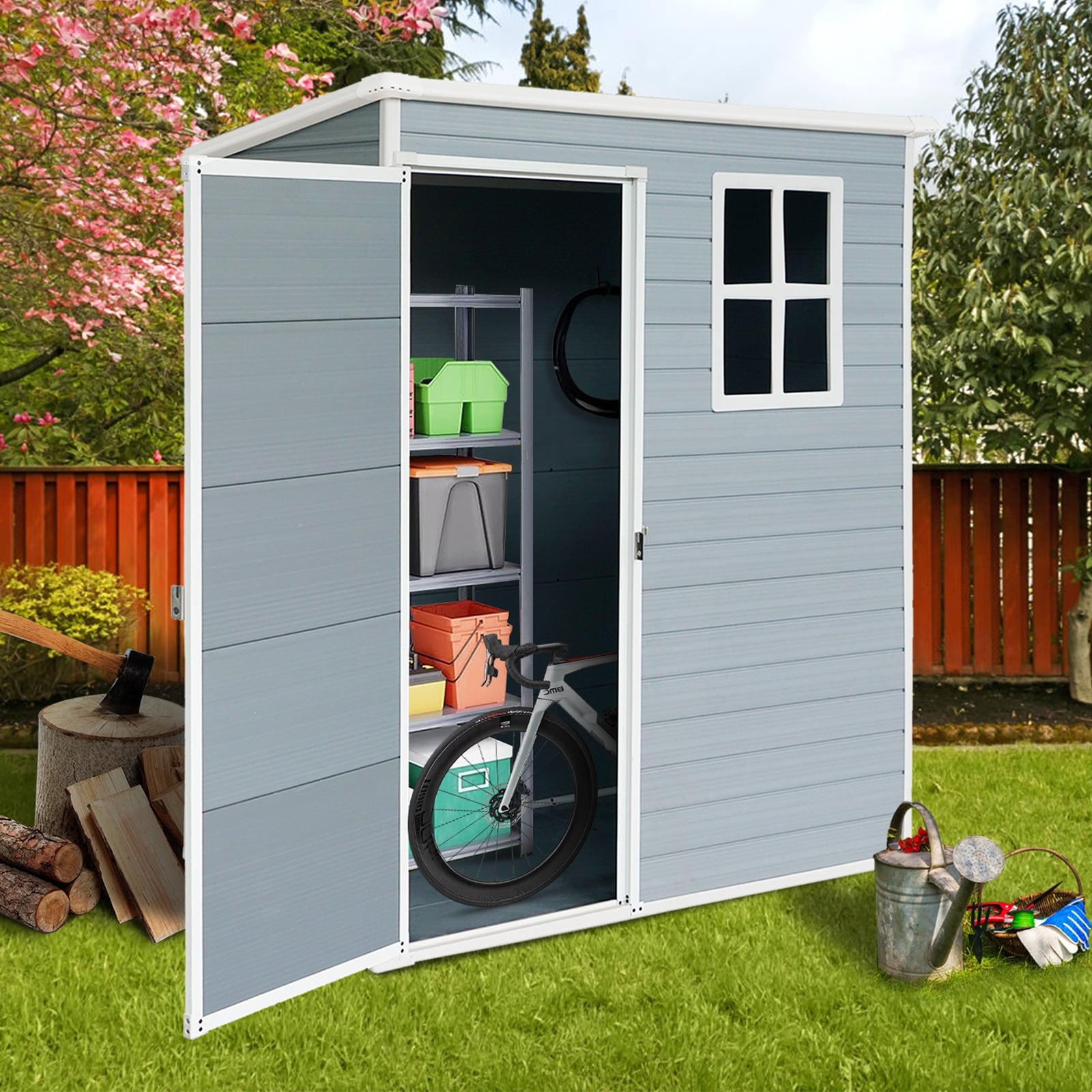 5ft x 3ft Resin Outdoor Storage Shed Plastic Garden Sheds with Floor and Lockable Door for Backyard Ceballos, image size:1600x1600