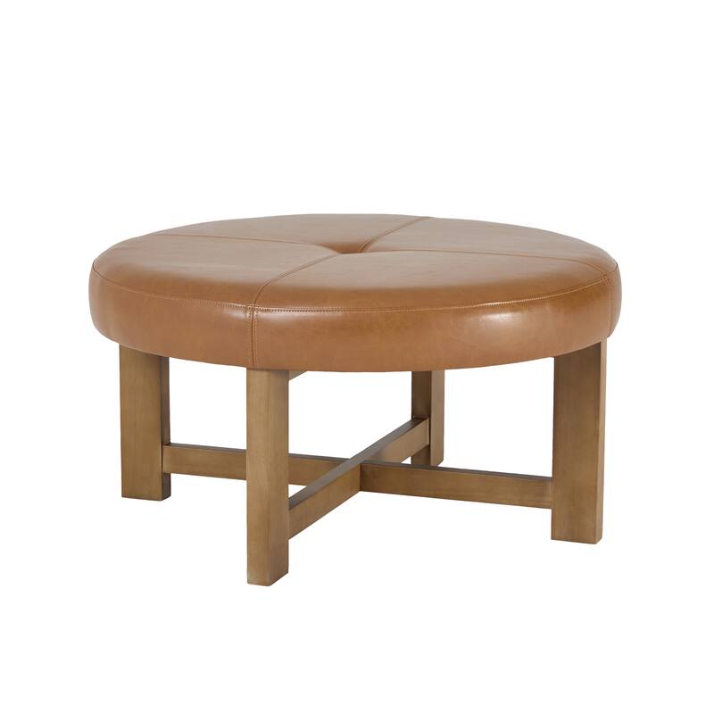 Christopher Knight Home - Marlowe Modern Round Faux Leather Ottoman Coffee Table with Tufted Top and Wood Base