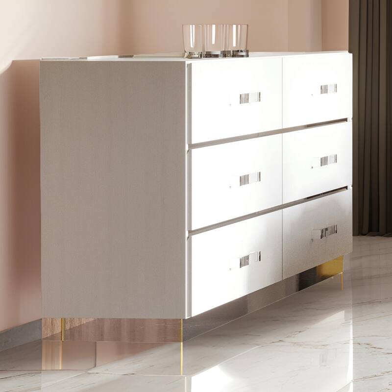 Ruo 60 Inch Modern Wide Dresser, 6 Drawers, Chrome Plinth Base, White Wood