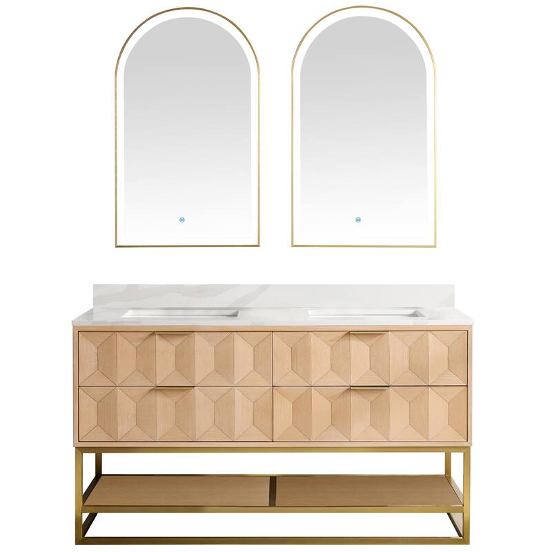 Milagro Bath Vanity with White Quartz Stone Top and Mirror - 60in. - Brushed Gold Base