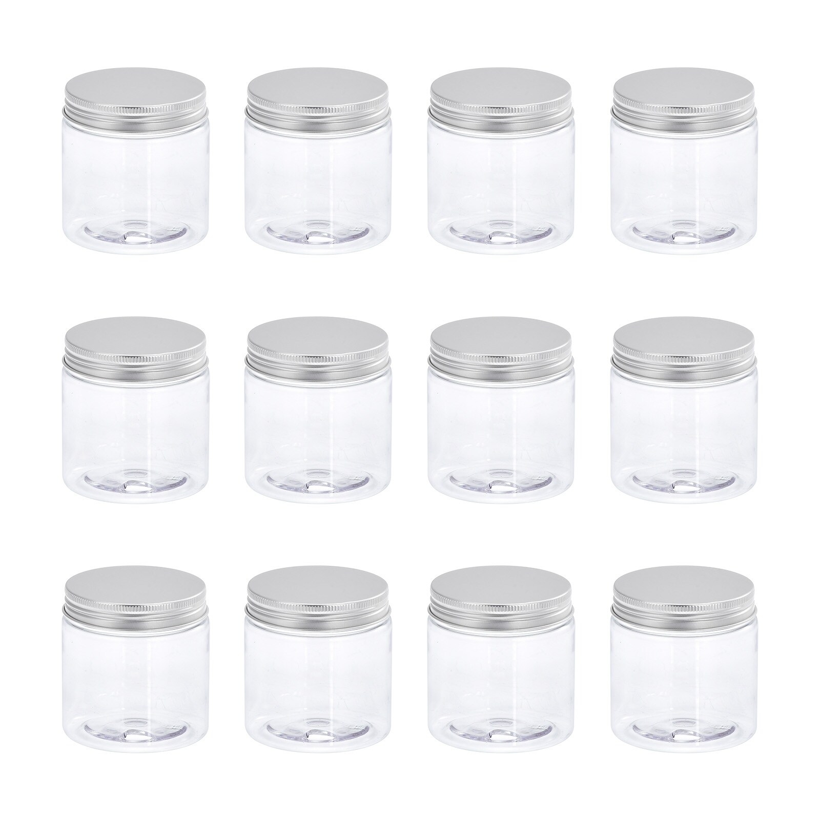 Round Plastic Jars with Aluminum Screw Top Lid, Silver Tone, 12Pcs